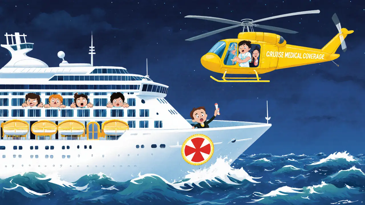 Вертолёт забирает больного с круизного лайнера в океане, другие пассажиры смотрят в окна.
