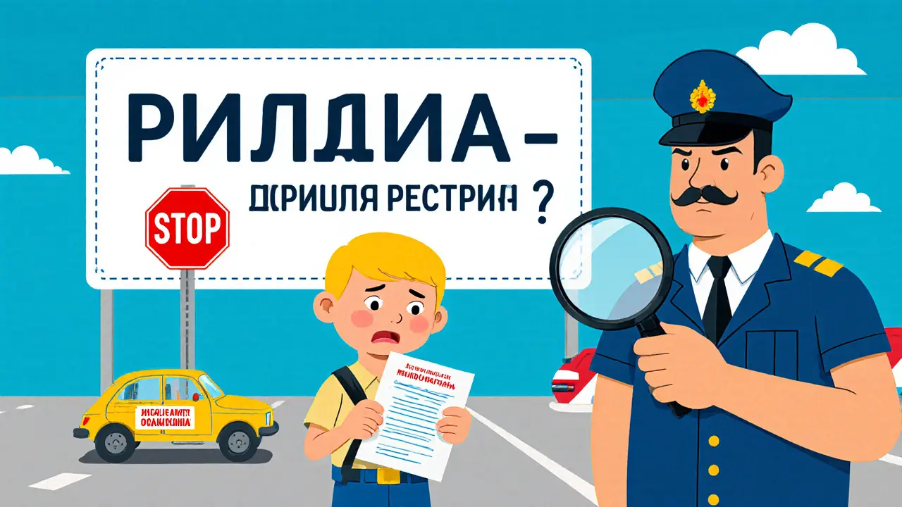 Водитель на границе получает польский полис от пограничника, а синяя карта запрещена.