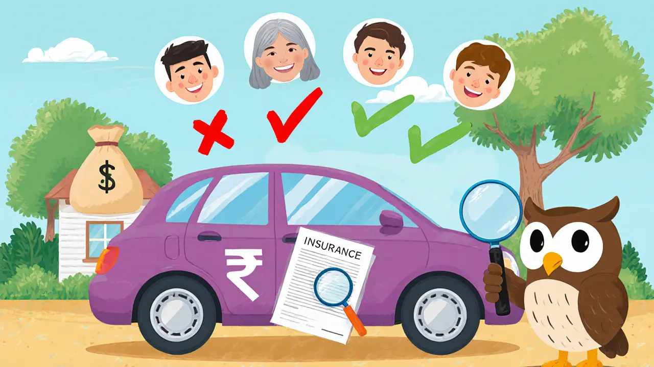 Автомобиль с пятью лицами над ним: три исключены из страховки, два оставлены. Круг водителей стал меньше, цена упала.