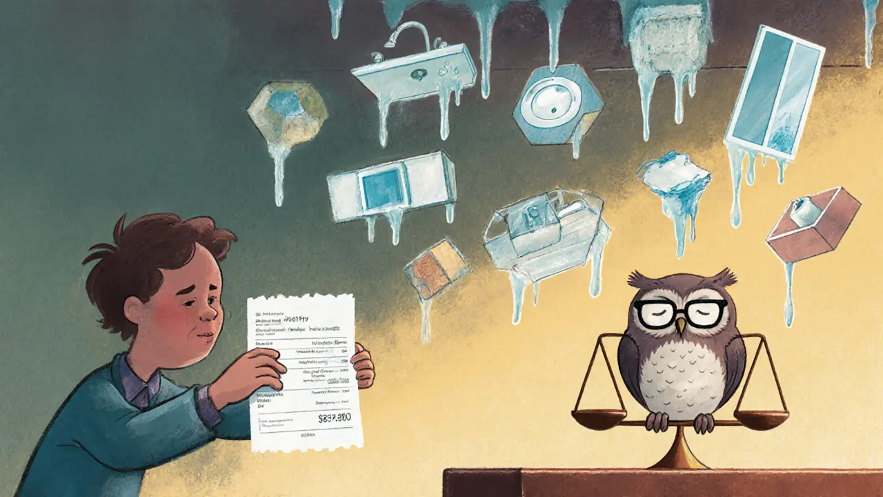 Человек держит счёт с нереальными ремонтами, а сова сравнивает реальный ущерб и фальшивые требования.