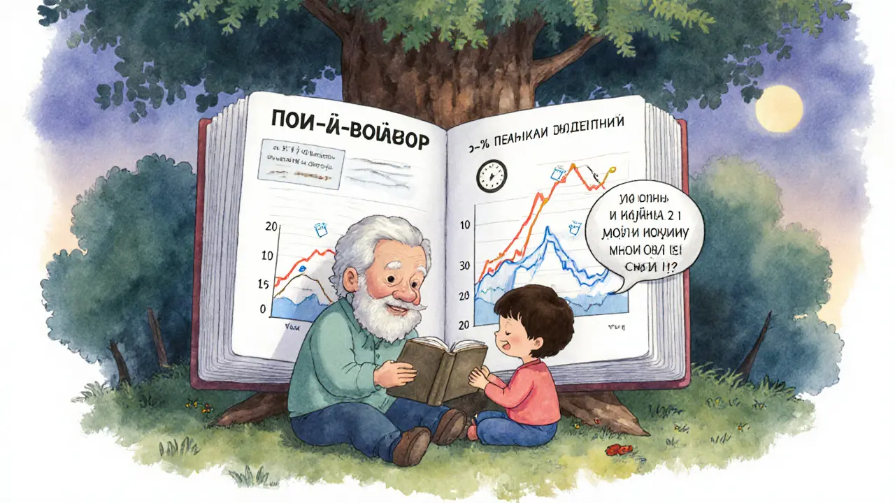 Дедушка и внук читают книгу о договоре ИСЖ с графиками и годами