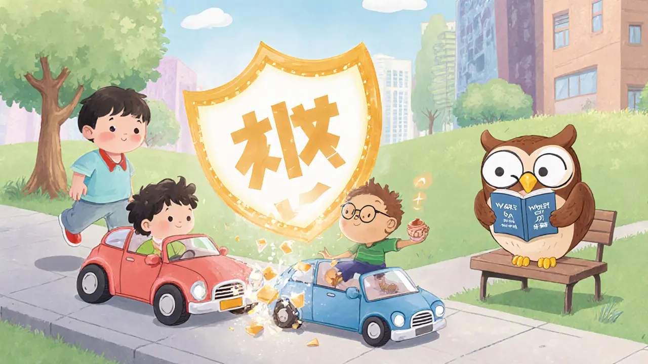 Дети играют с игрушечными машинами: одна разбивает вазу, а щит ОСАГО ломается, пока КАСКО светится в безопасности.