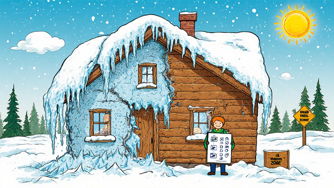 Дом в Сибири с трещинами от перепадов температур, рядом — список мер защиты.