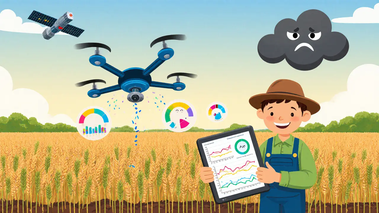 Дрон передаёт данные о погоде фермеру, над полем растут зелёные всходы.
