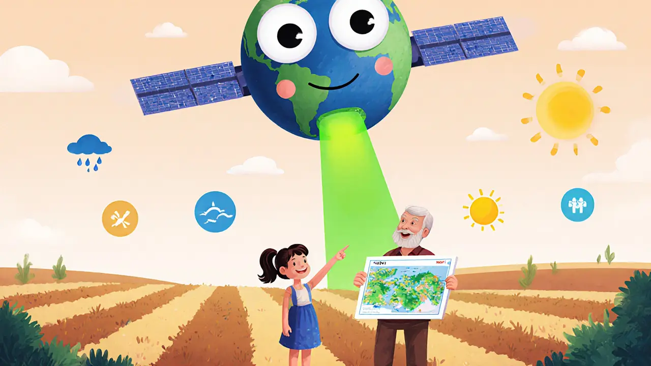 Дружелюбный спутник освещает поле зелёным светом, фермеры смотрят в небо.