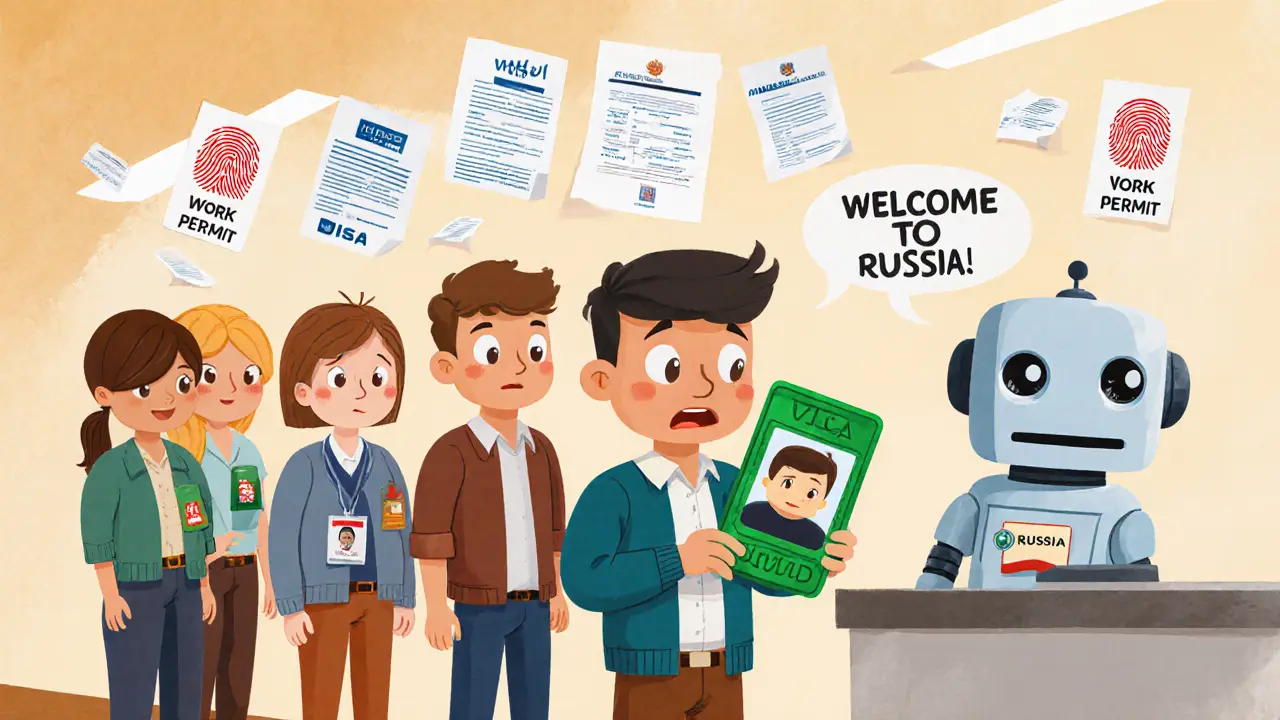 Иностранный гражданин стоит в очереди в МВД, держит зелёную миграционную карту с отпечатками пальцев.