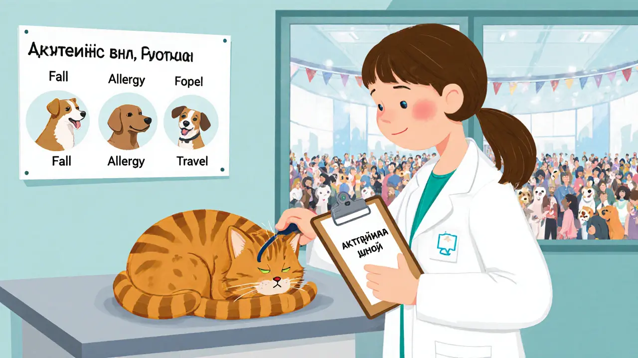 Кот на ветеринарном столе в клинике на выставке, ветеринар проверяет его.