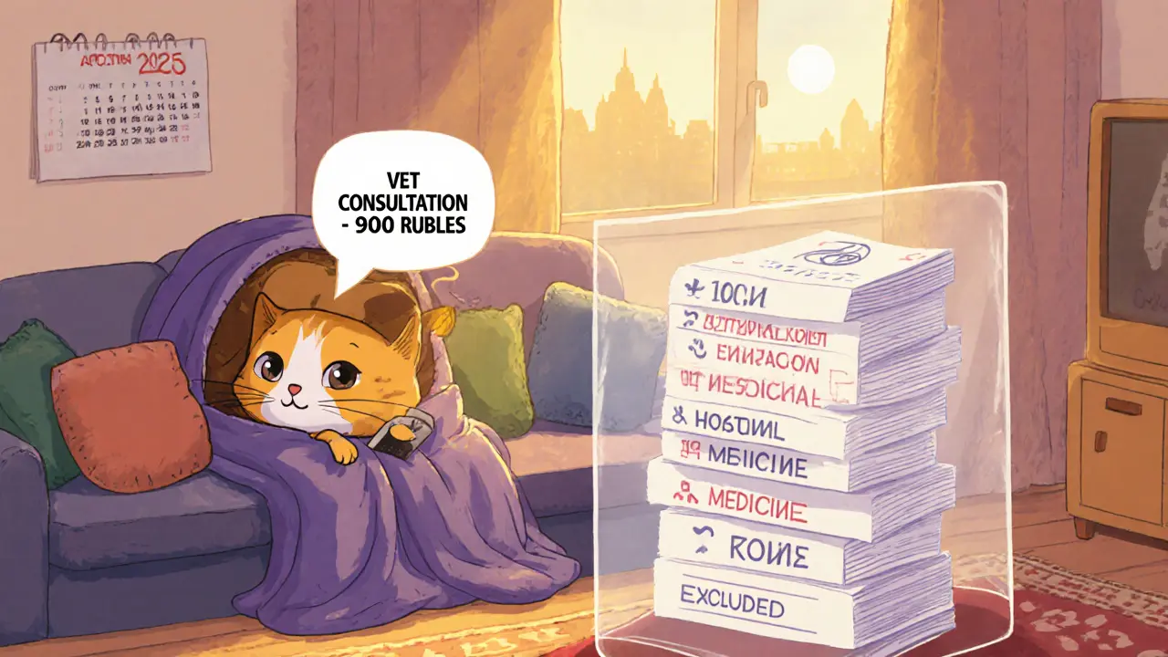 Кот с телефоном в лапах, рядом стопка запрещённых счетов, на фоне — надпись &#039;РГС-Питомец до 15 лет&#039;.