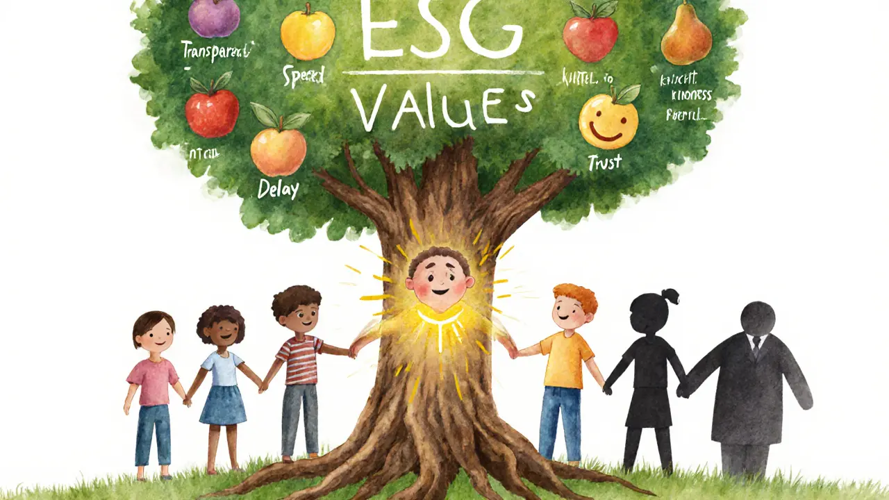 Люди держатся за дерево с плодами, символизирующими честность и скорость в страховании.