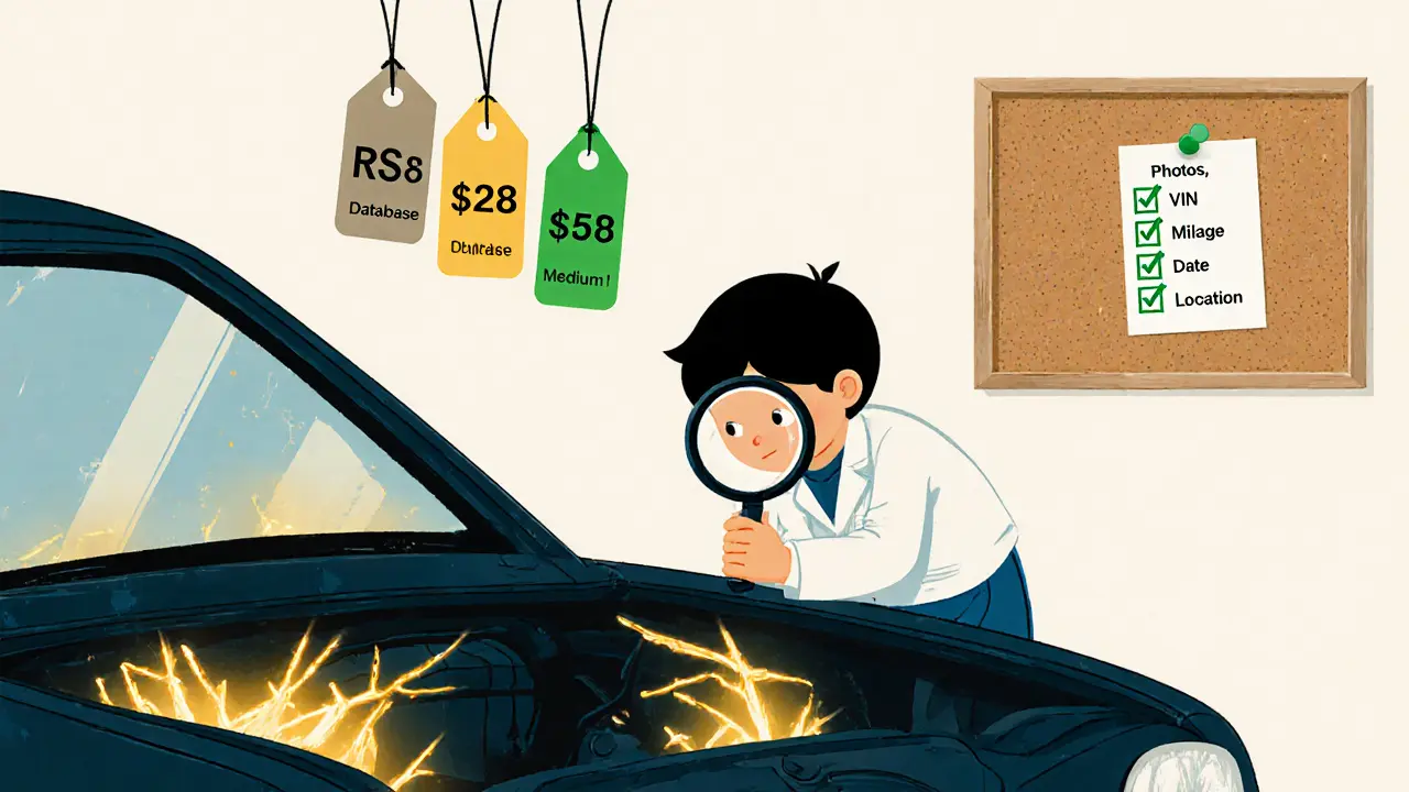 Механик с лупой показывает скрытые повреждения кузова, рядом — сравнение цен на запчасти.