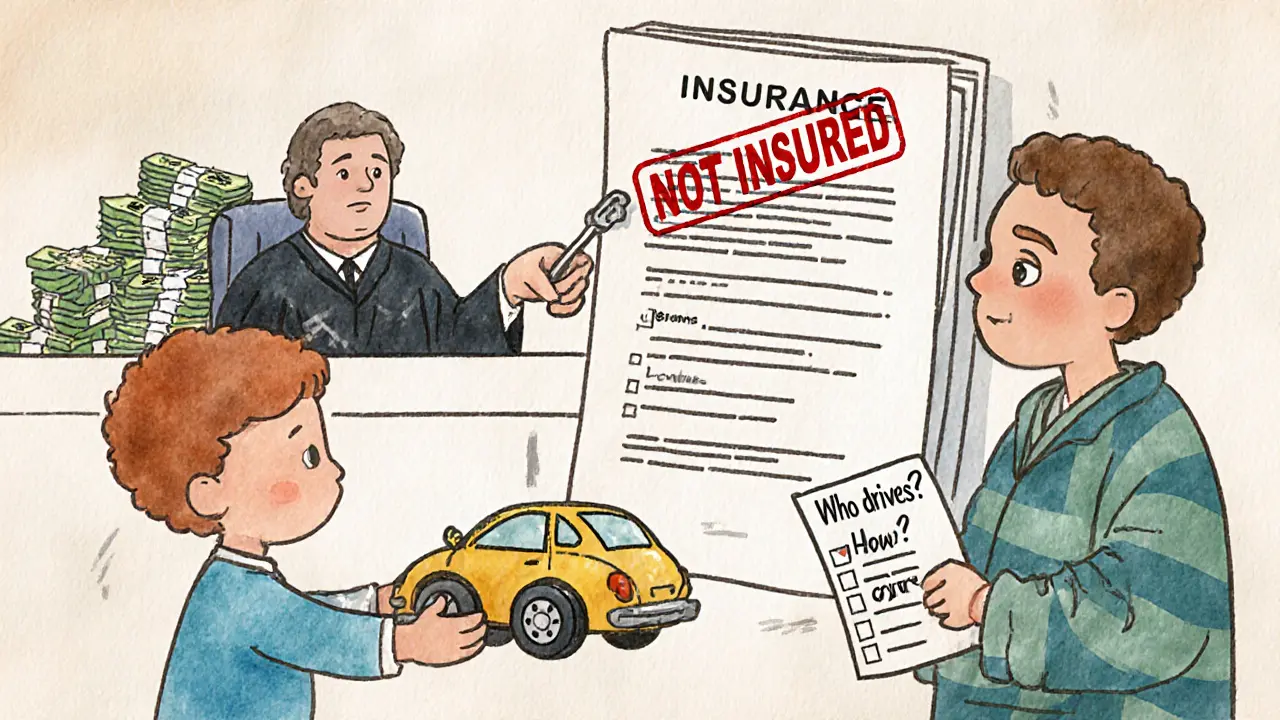 Ребёнок даёт ключи родителю, а позади — суд, где водитель без страховки теряет машину. Надпись: &#039;Не вписан — не застрахован&#039;.