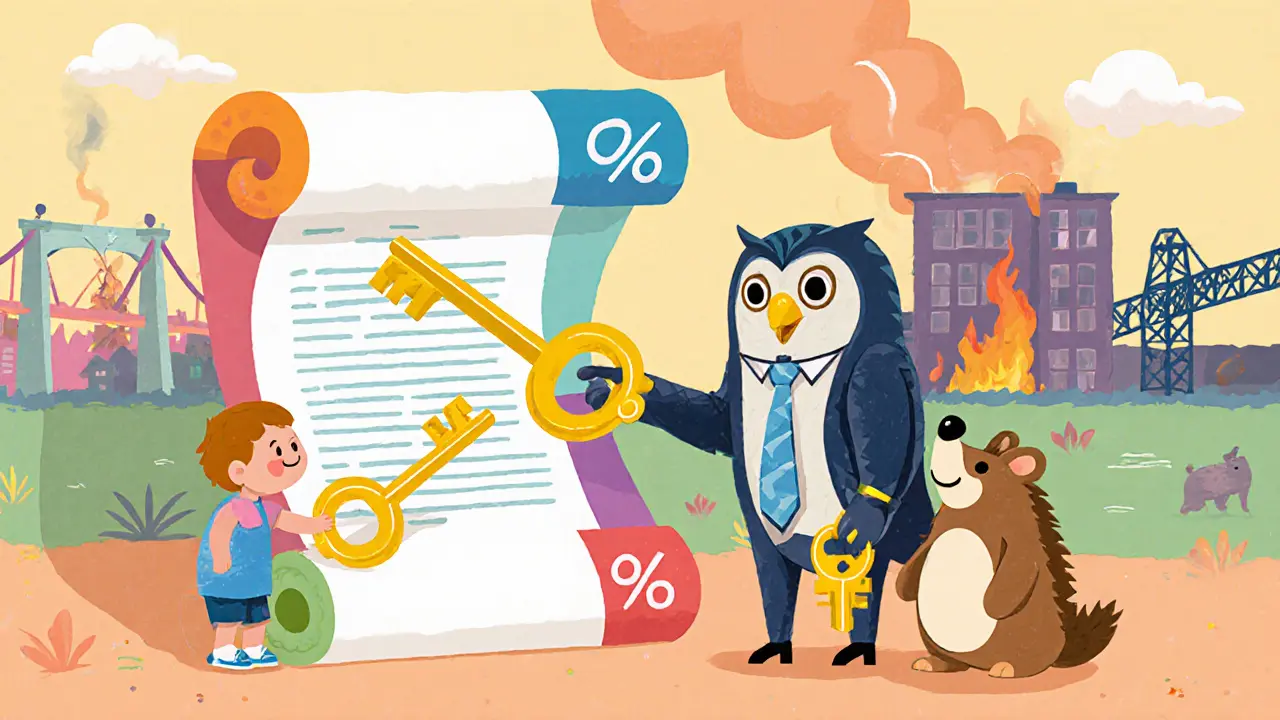 Ребёнок передаёт ключ страховщикам, а три ключа защищают разрушенный мост и склад.