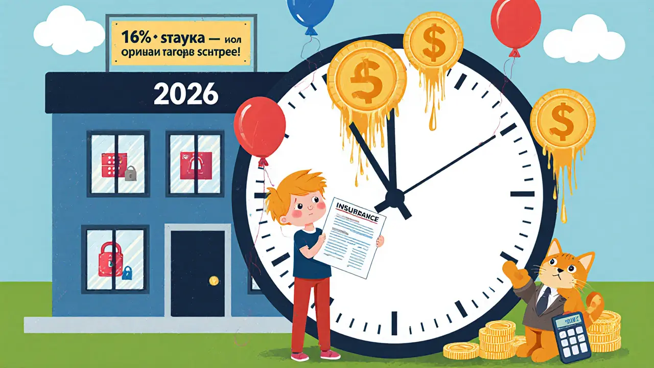 Ребёнок с полисом страхования смотрит на часы, где рубли тают и превращаются в воздушные шары.