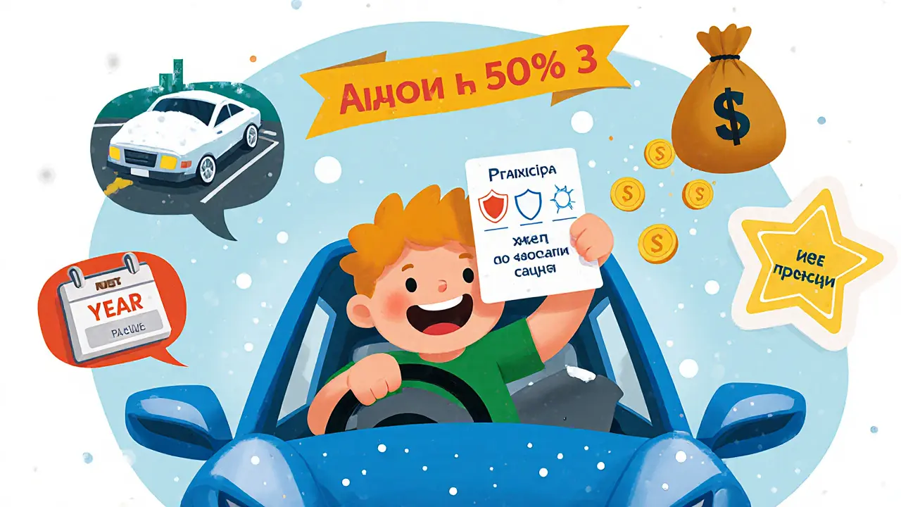 Ребёнок выбирает между двумя типами франшизы, вокруг — символы аварий и экономии.