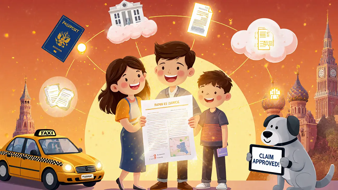 Семья держит волшебный полис страхования, вокруг — иконки паспорта, такси и консульства, всё светится золотыми нитями.