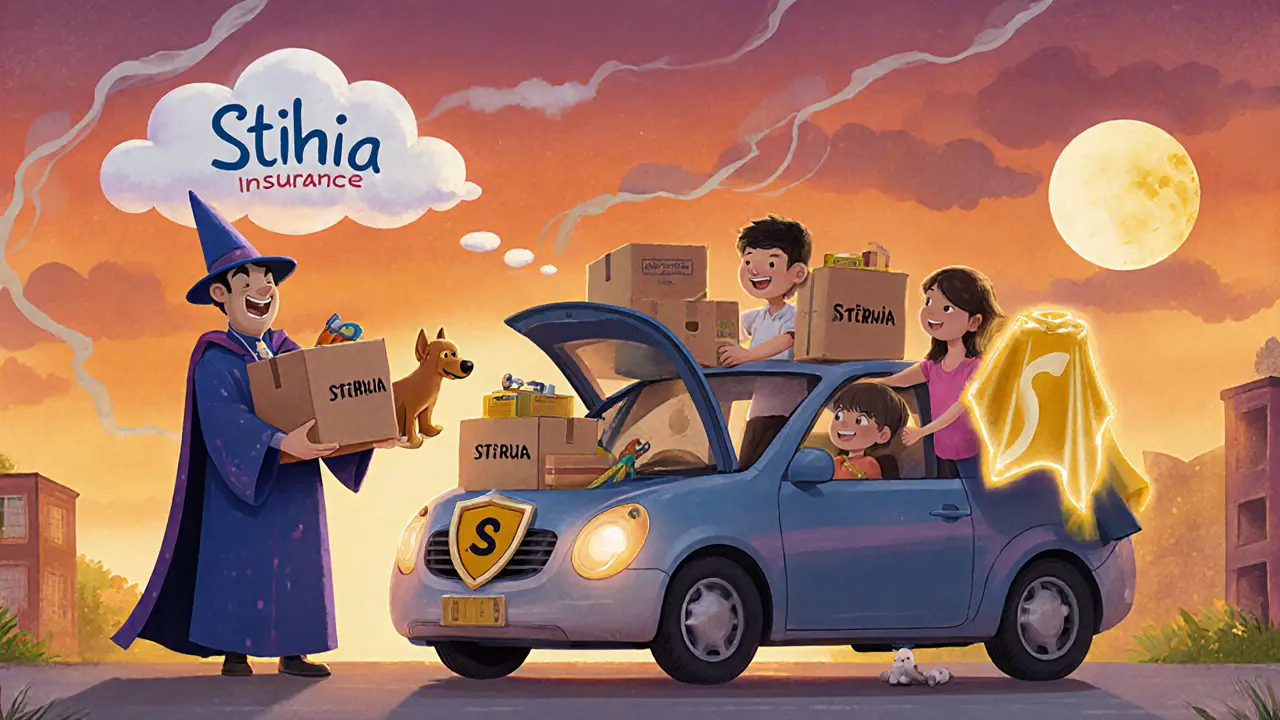 Семья грузит машину, а волшебник дарит ей плащ ДСАГО, чтобы защитить от шторма и других рисков.