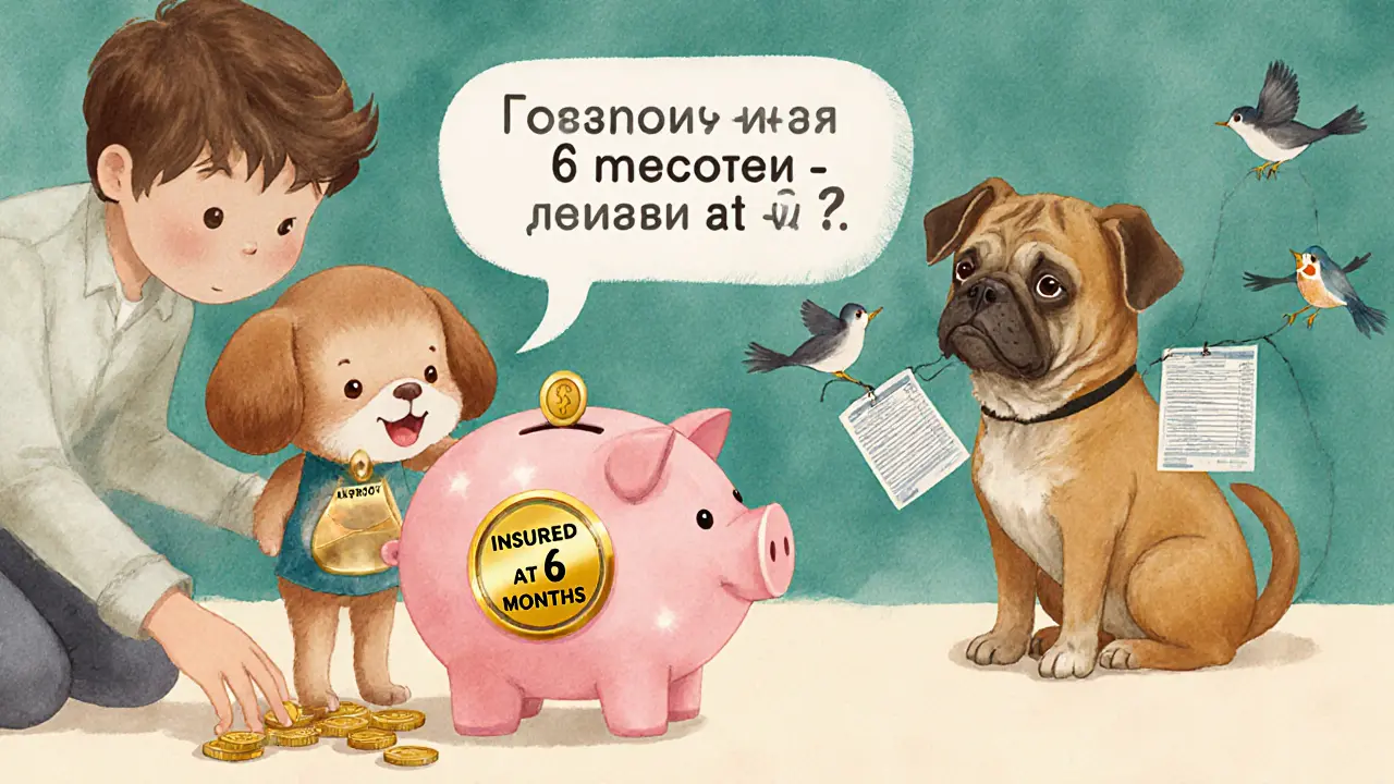 Семья кидает монеты в копилку-собаку, щенок в шляпе с надписью &#039;страхован в 6 месяцев&#039;, старая собака с табличкой &#039;отказ в 9&#039;.