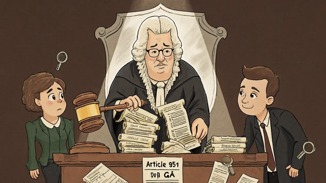 Судья в плаще из документов судит за завышение страховой суммы, вокруг — поддельные чеки и щит закона.