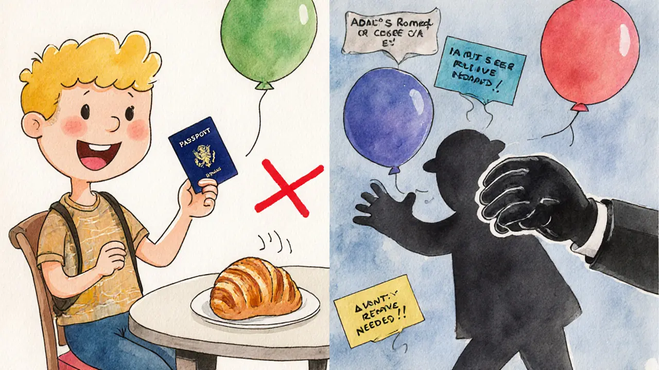 Турист оставляет паспорт в кафе, тень крадет его — в воздухе всплывают предупреждающие знаки.