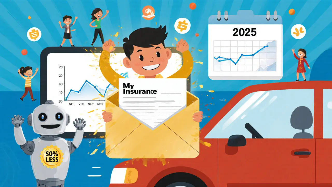 Владелец с крупной сметой стоит рядом с отремонтированной машиной, а страховой робот уменьшается.