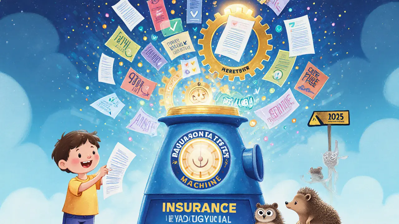 Волшебная машина проверяет страховые документы, выдавая правду, дети и взрослые наблюдают с надеждой.