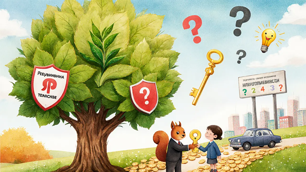 Волшебное дерево с листьями-франшизами, енот в костюме даёт ключ к будущему страхованию.