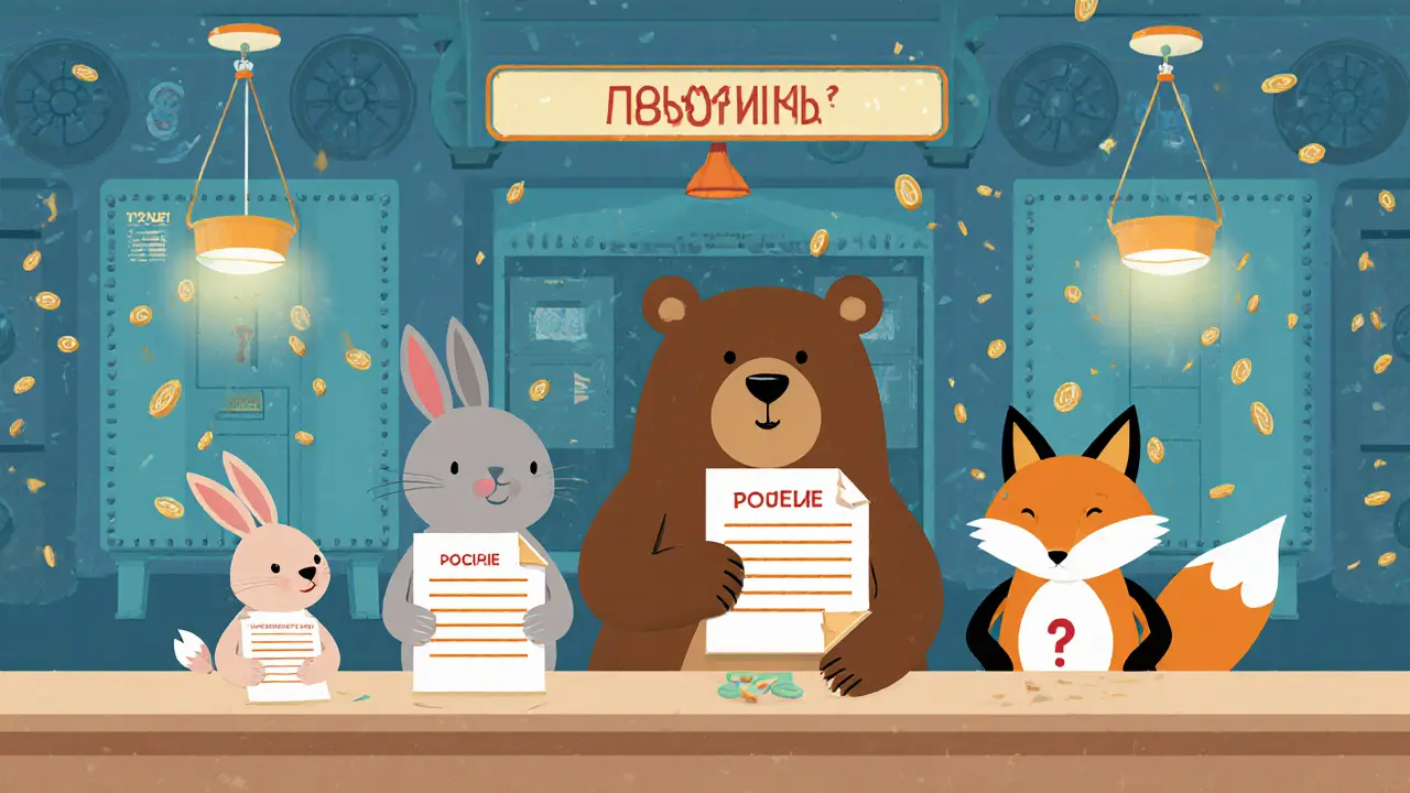 Животные в очереди за страховкой, над ними весы доверия, почти опустошённые, с тусклым светом реформы.