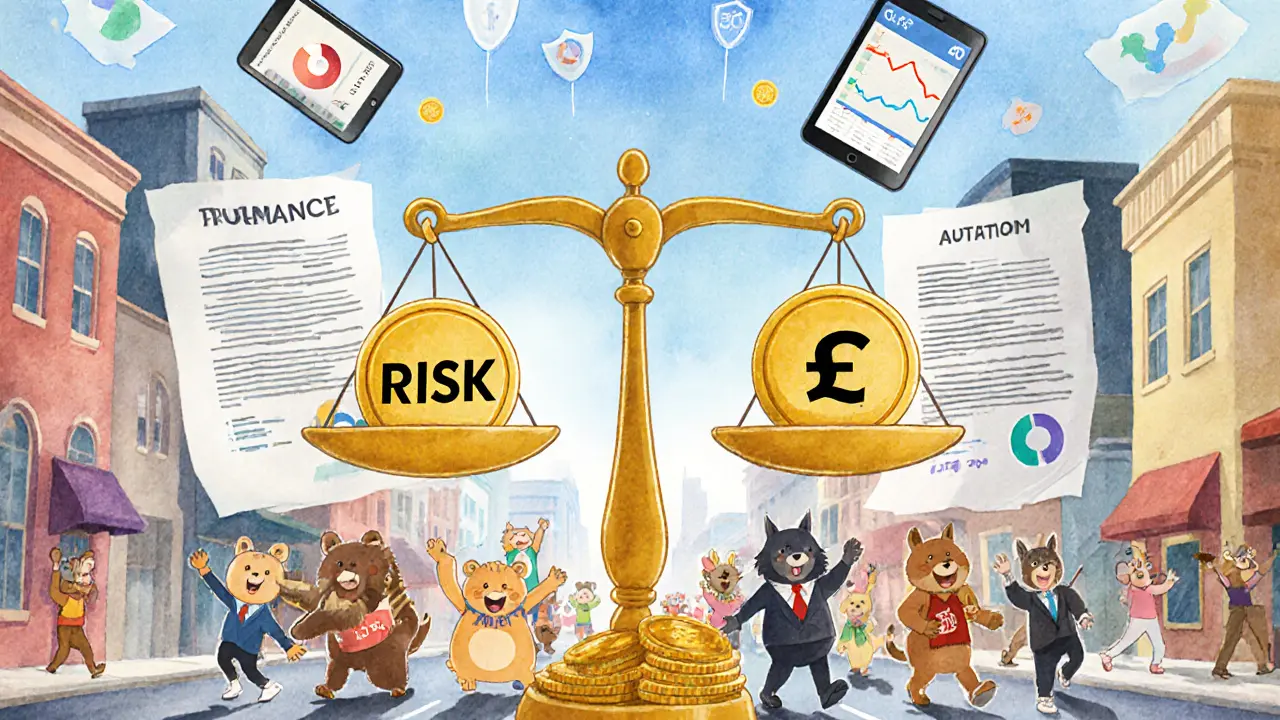 Животные в параде несут монеты премий и выплат, а цифровые экраны показывают страховые данные.