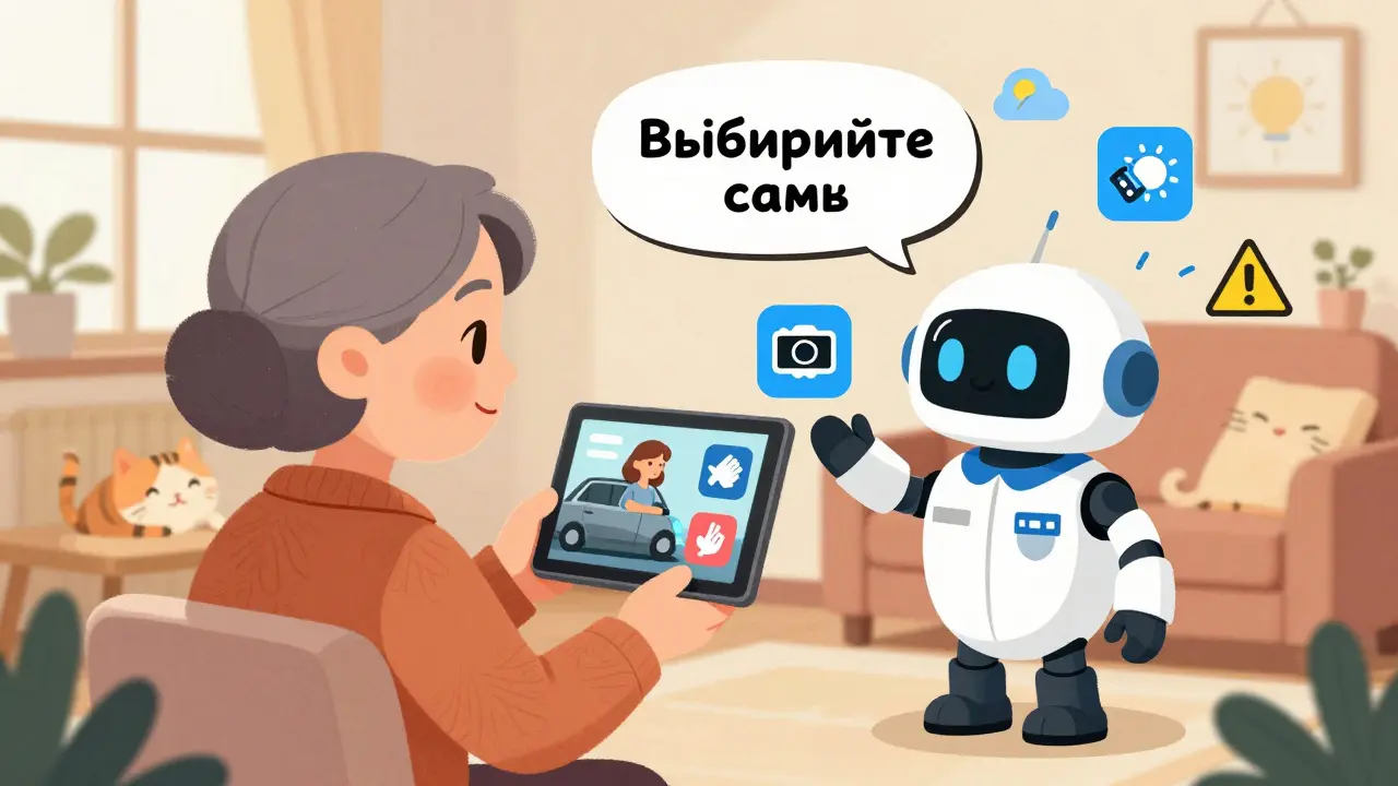 Бабушка выбирает между удалённым осмотром и личным визитом эксперта, рядом — дружелюбный робот-страховщик.