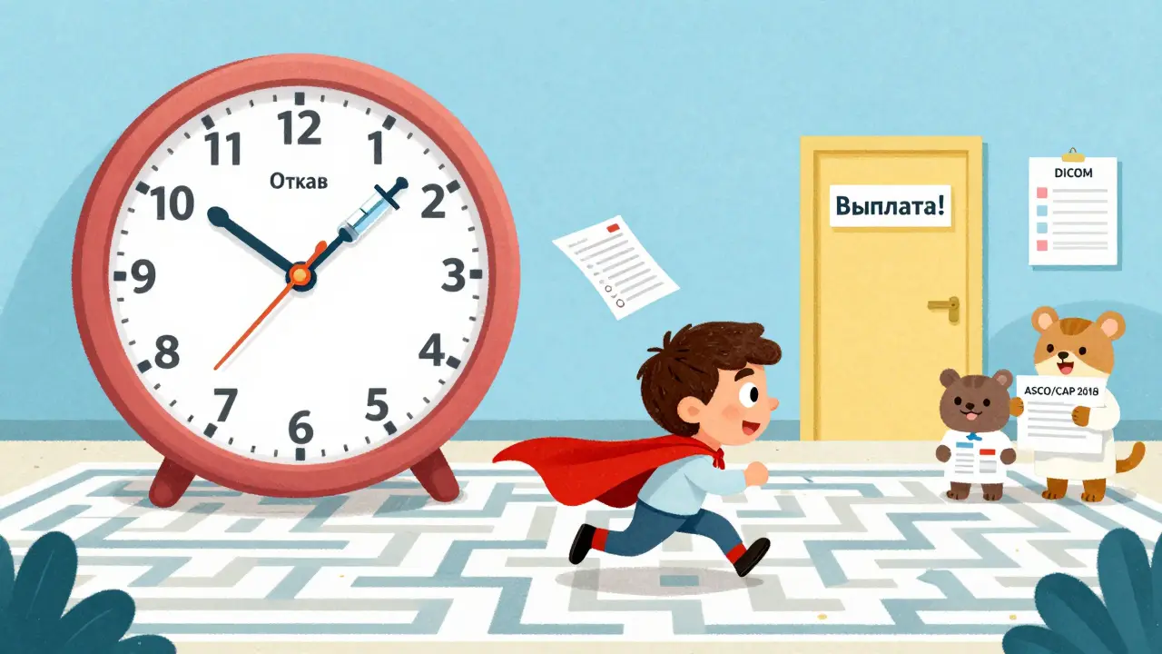 Человек бежит по лабиринту бумаг к двери выплаты, за спиной — часы-шприцы