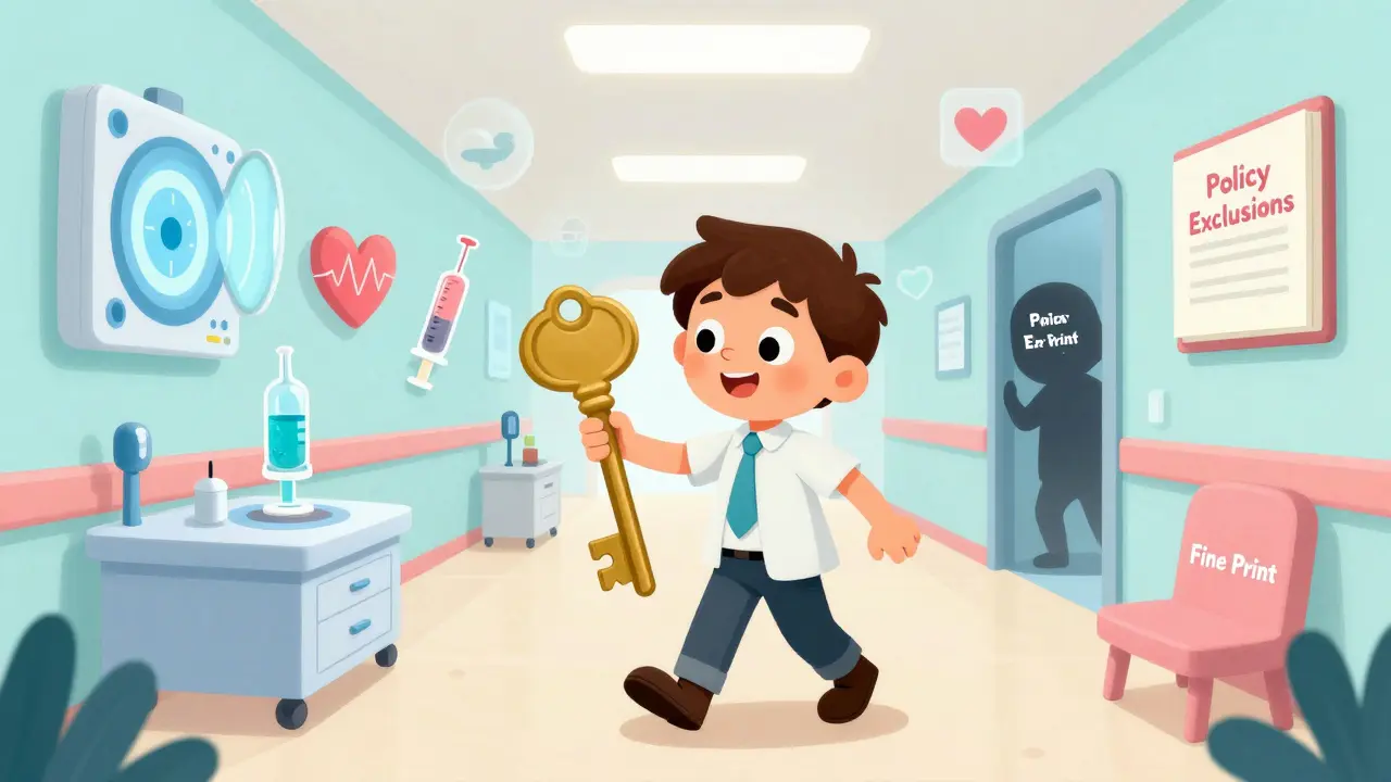 Доброжелательный гид ведёт пациента по волшебному коридору с плавающими медицинскими символами, тень скрывает договор.