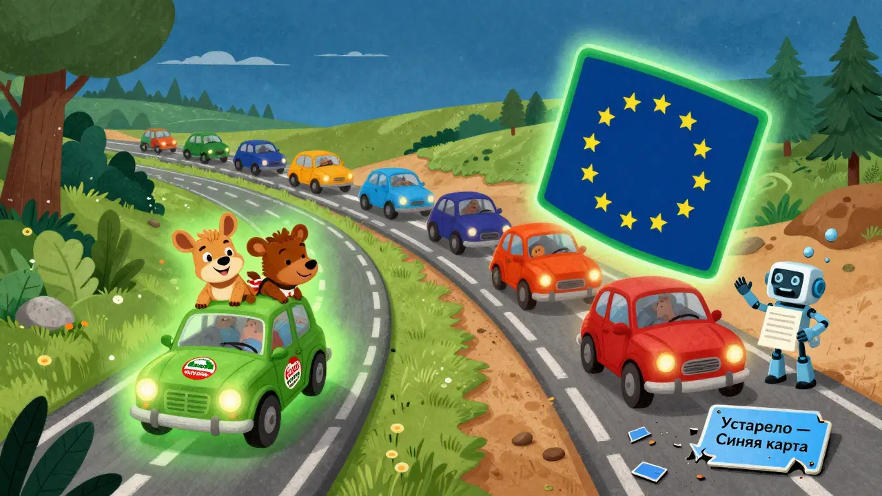 Дорога разделяется: одна ведет в Белоруссию с зеленым светом, другая — в Европу с Зеленой картой, а сломанная Синяя карта лежит в пыли.
