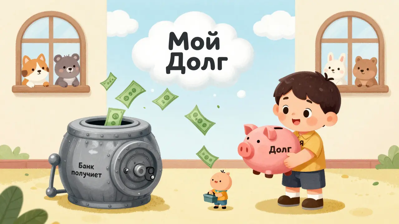 Дождь из денег падает на банк и маленького человека с инструментами, дом в фоне.