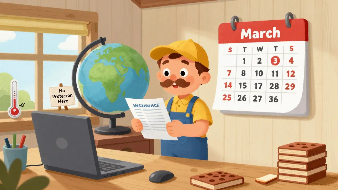 Фермер смотрит на полис страхования, за окном -8°C, укрытия лежат без дела.