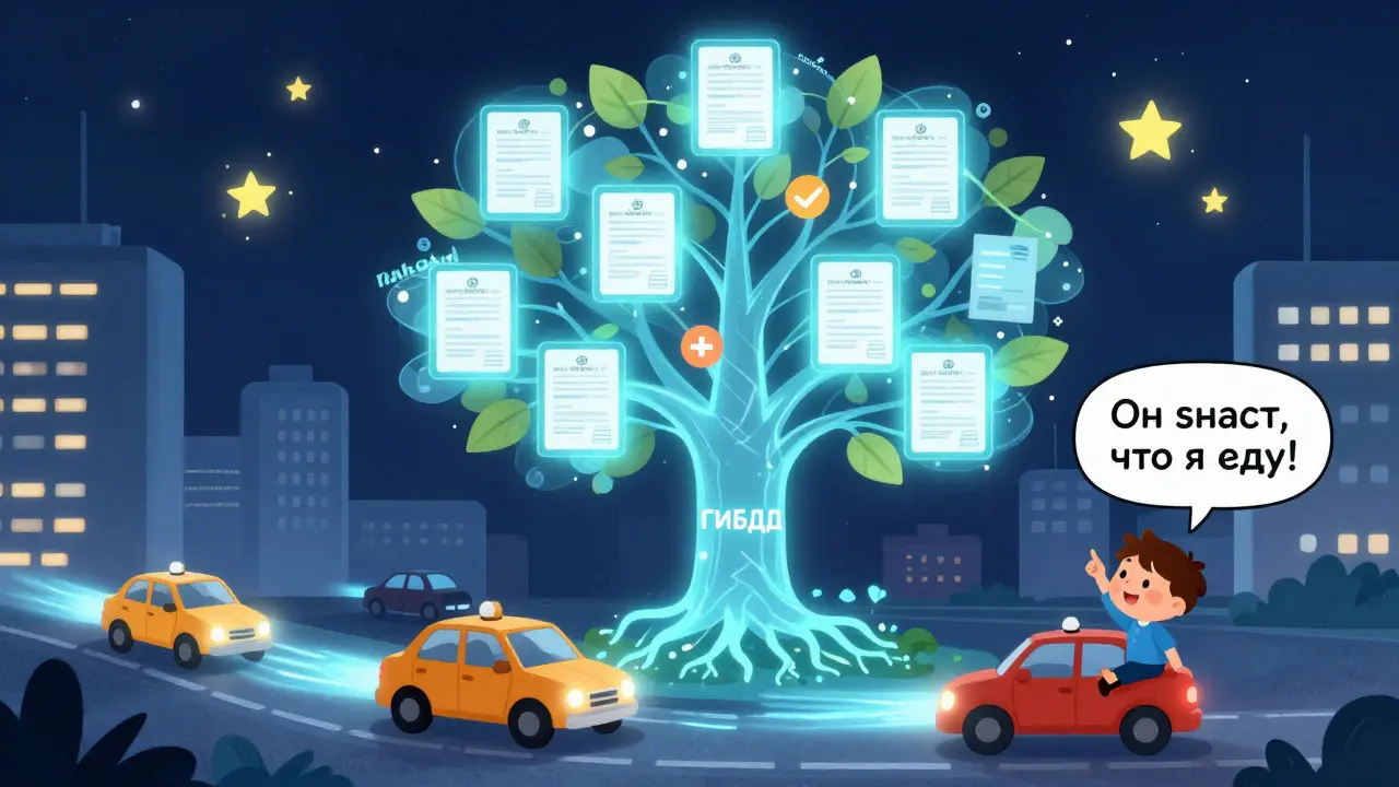 Город ночью, автомобили соединены светящимися потоками данных с деревом страховки, полисы светятся над дорогами.