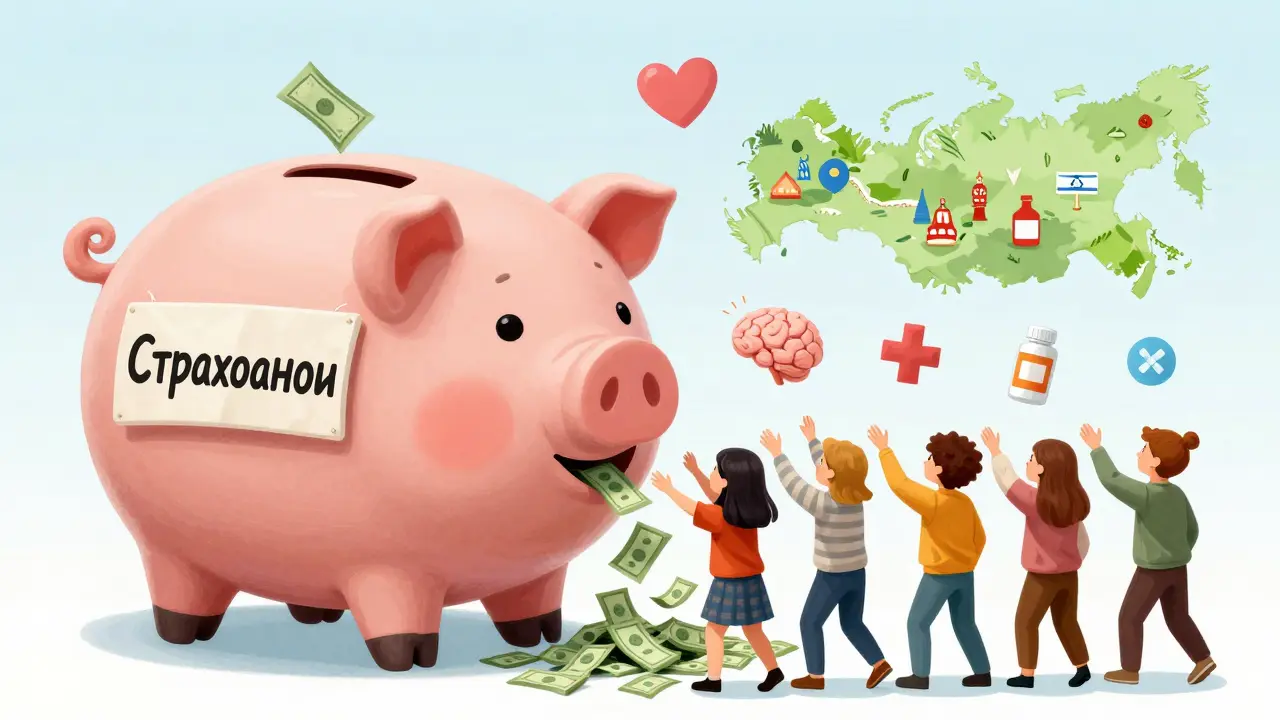 Копилка с деньгами, лекарствами и картой России и Израиля, люди берут деньги с облегчением.