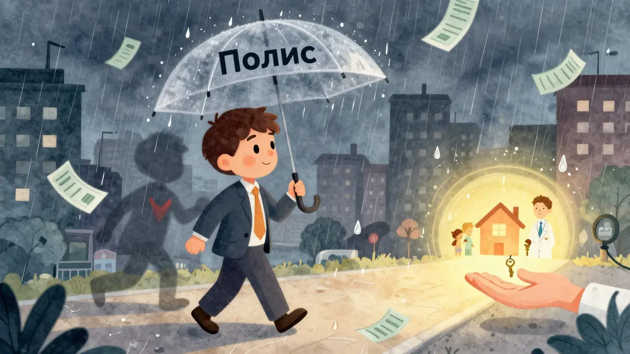 Мужчина под зонтом 'Полис' идёт сквозь дождь из счетов, путь ведёт к семье и здоровью.