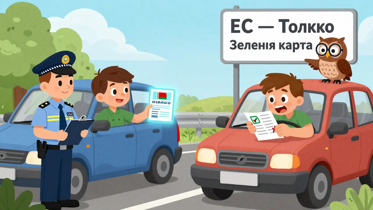 На границе: один водитель показывает электронный полис для Белоруссии, другой сбивается с ног, пытаясь найти Зеленую карту.