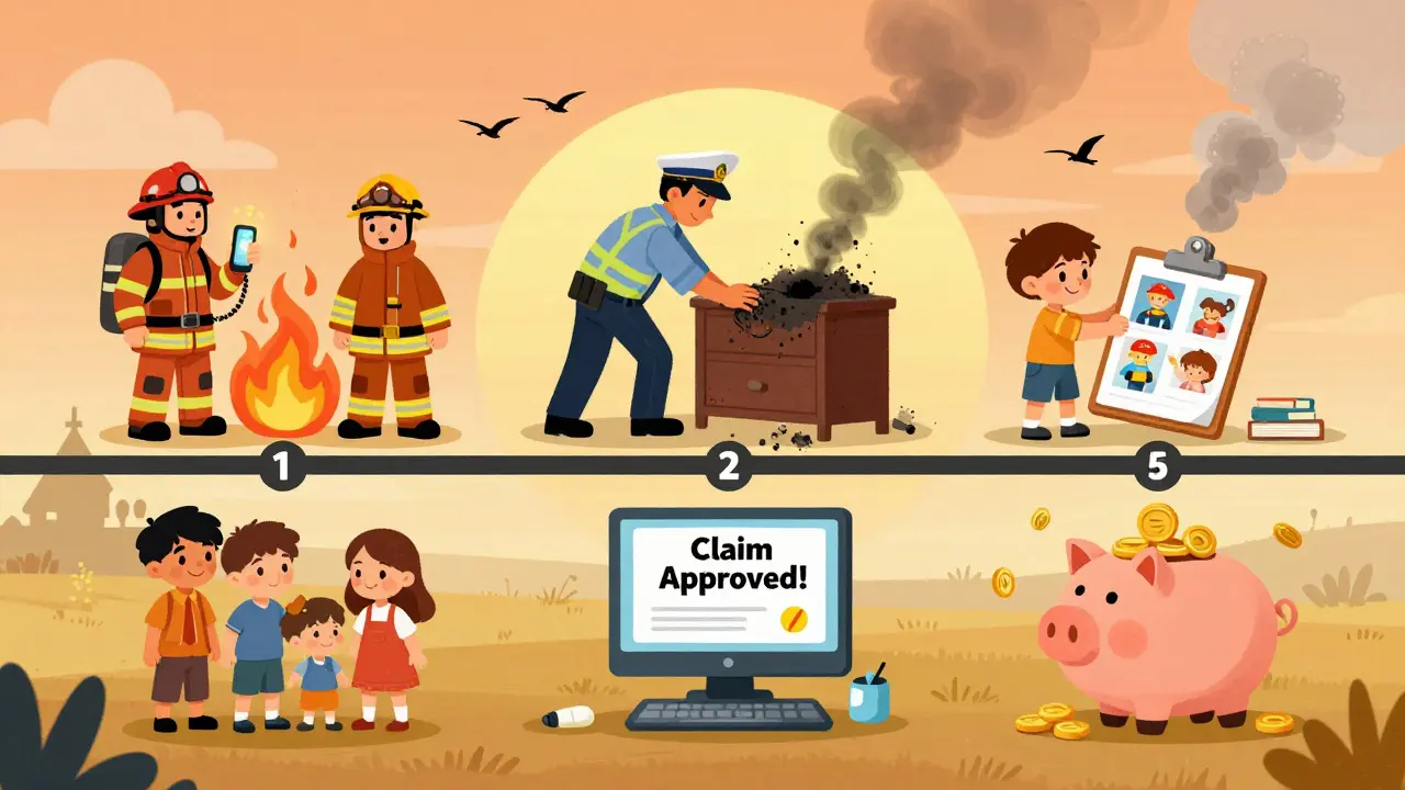 Пять шагов после пожара: вызов, осмотр, документы, одобрение и выплата, изображённые как дружелюбная сказочная история.
