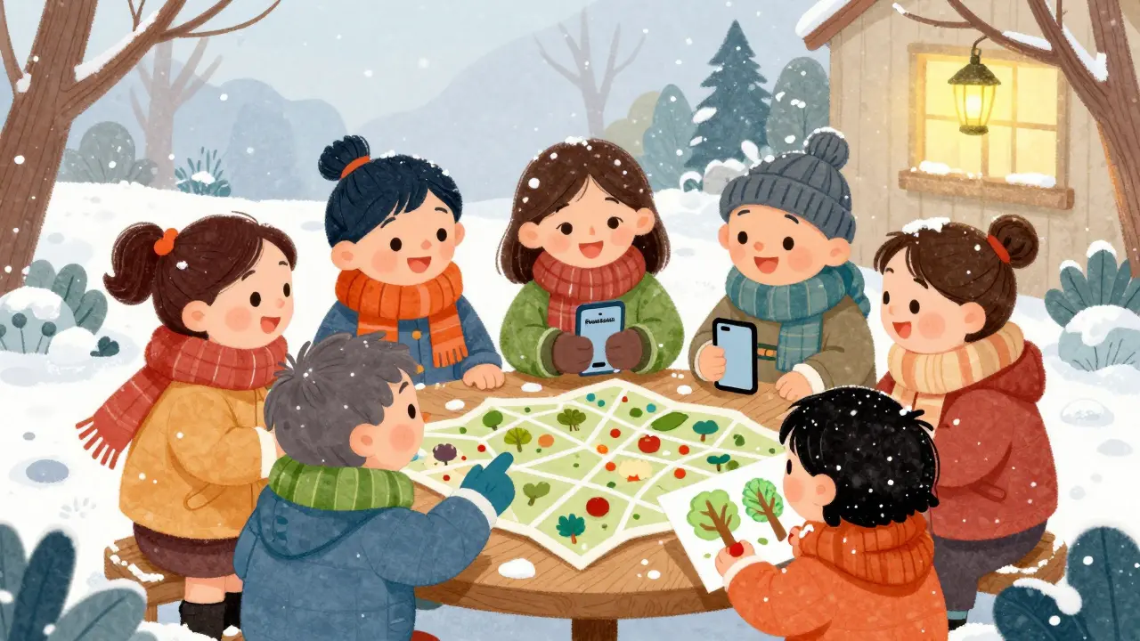 Пять соседей обсуждают страховку садов на карте, один звонит в страховую компанию.