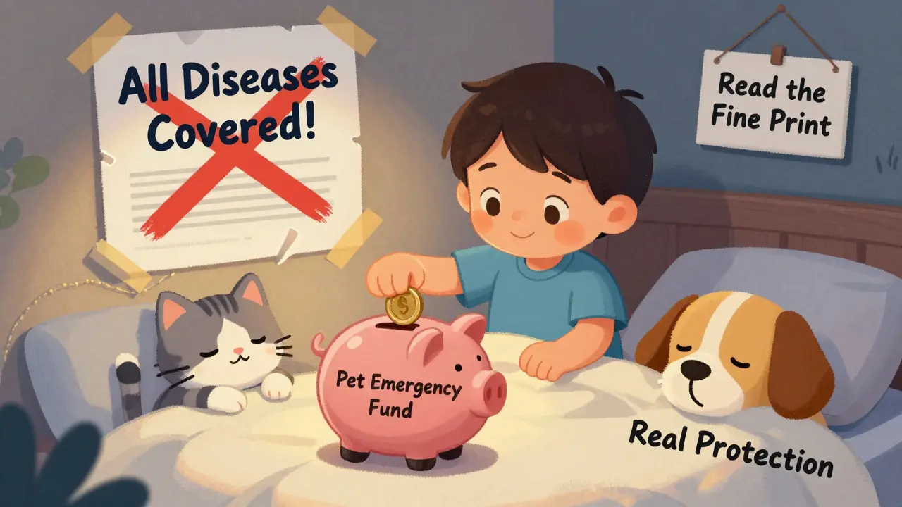Ребёнок копит деньги на лечение питомца, в то время как страховка с надписью &#039;Всё покрываем!&#039; отброшена в сторону.