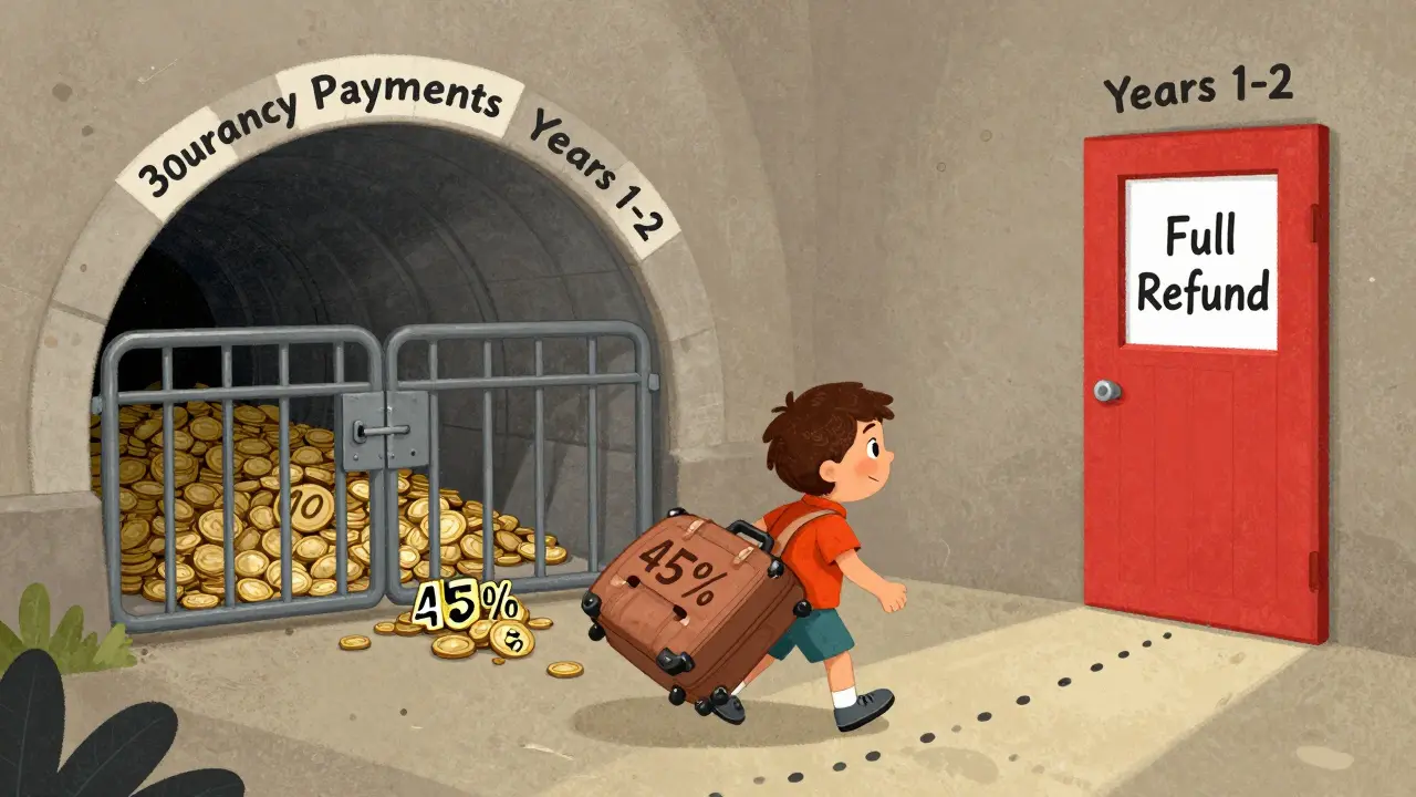 Ребёнок тянет чемодан с платежами, в конце туннеля — лишь маленькая кучка монет.