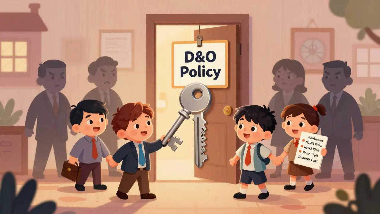 Семья держится за ключ от двери 'Спокойствие', ребенок держит чек-лист: проверить риски, прочитать мелкий шрифт, сразу сообщить страховщику.