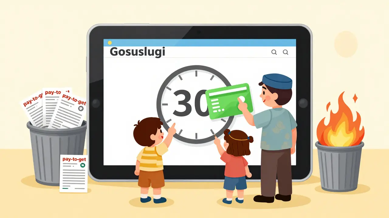 Семья использует Госуслуги для оформления зелёной карты, а фальшивые предложения горят в корзине.