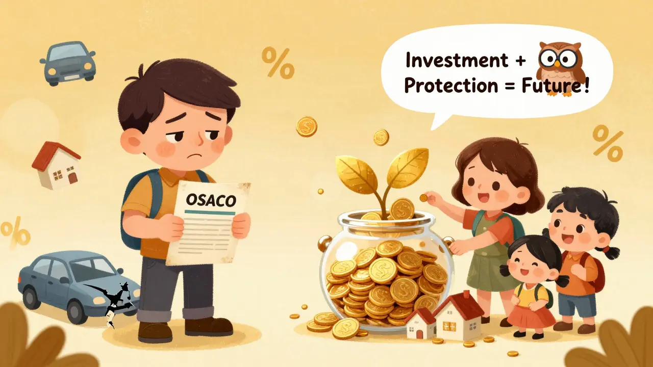 Семья кладет деньги в волшебную копилку, которая превращается в золотые листья и дома.