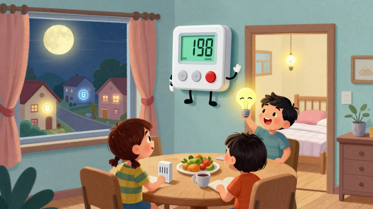 Семья наблюдает, как умный счётчик показывает, как они экономят воду и электричество в доме.