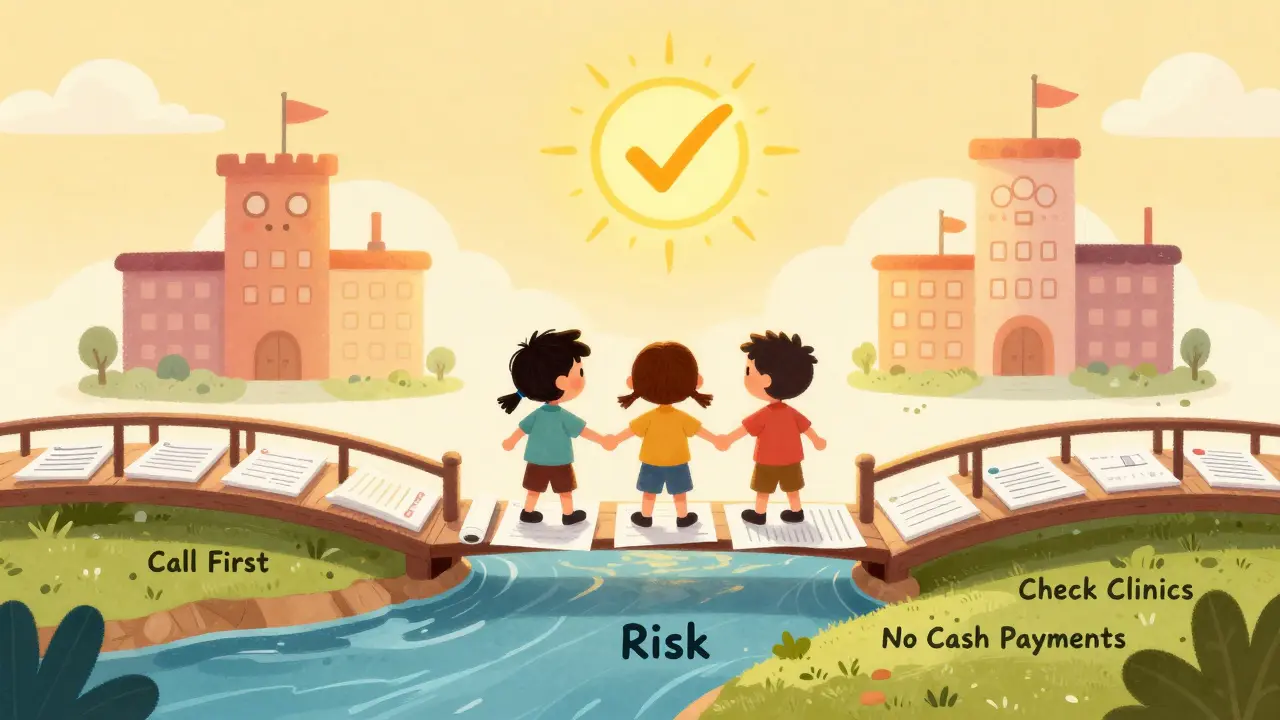 Семья переходит по мосту из документов над рекой риска, над ними солнце в виде галочки, три больницы-замка вдалеке.