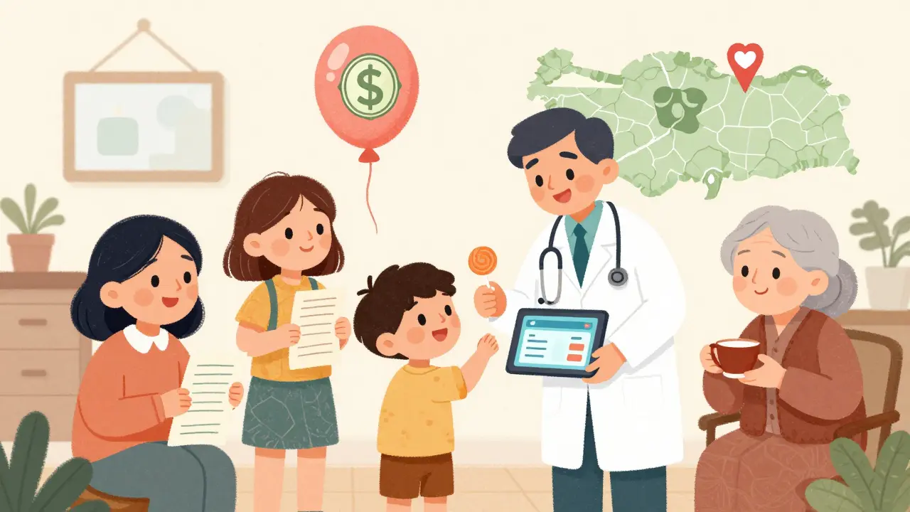 Семья в клинике за границей: доктор даёт ребёнку леденец, на экране — страховка, в фоне карта Турции.