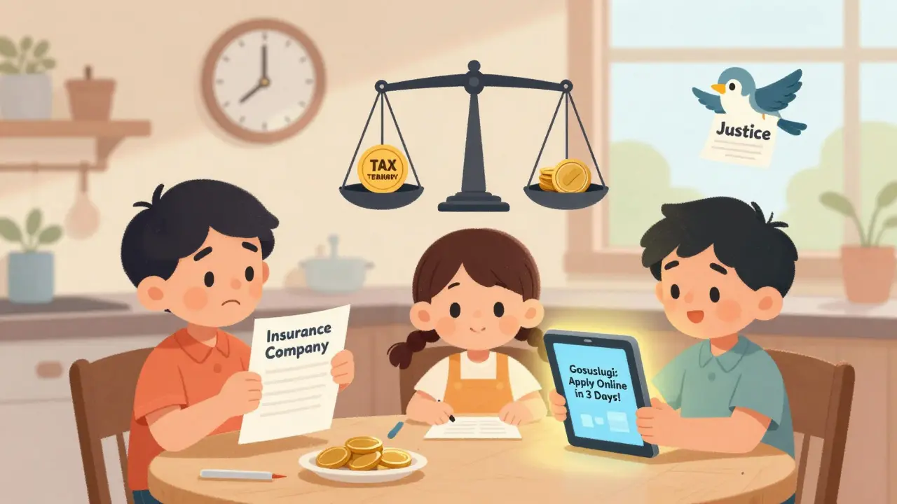 Семья за столом смотрит на письмо, на планшете — надпись 'Госуслуги: подать за 3 дня'.