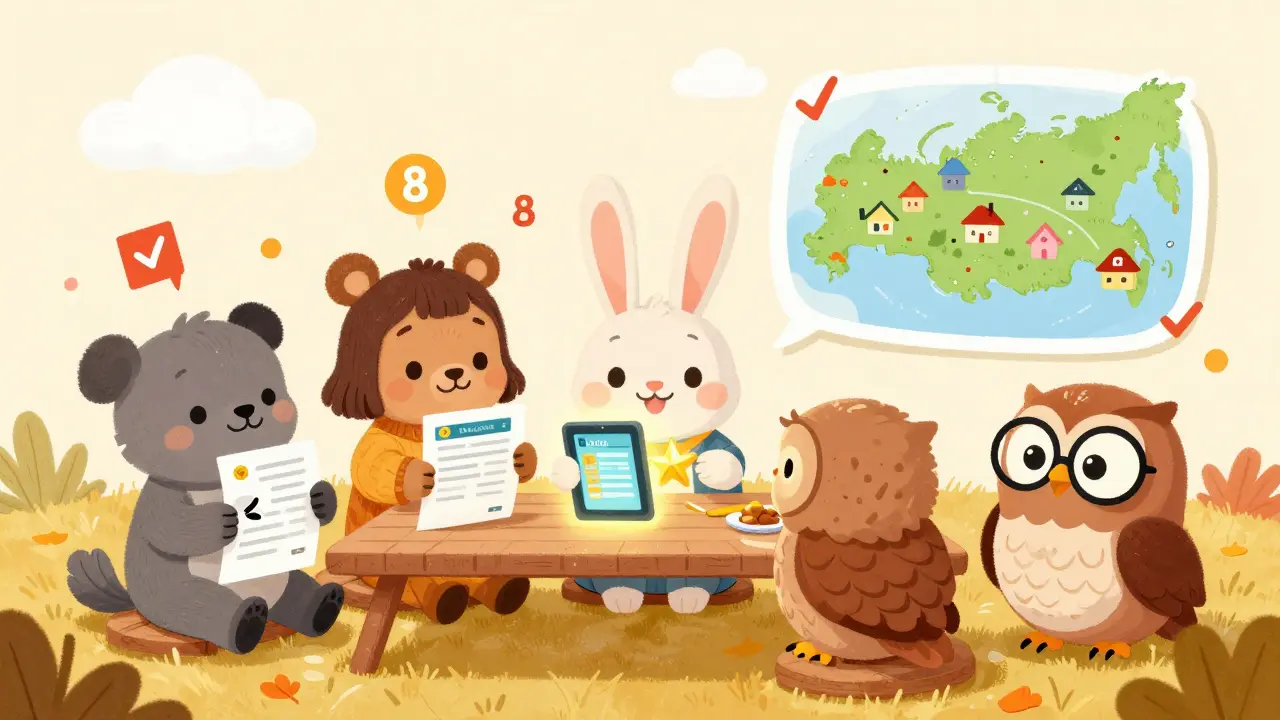 Семья зверей выбирает страховку: одна полис — с золотой звездой, другая — порвана.